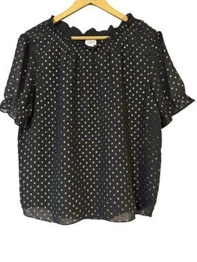 J.Crew Black Sheer Blouse Gold Polka Dot Ruffle Sleeve Top Women’s Medium